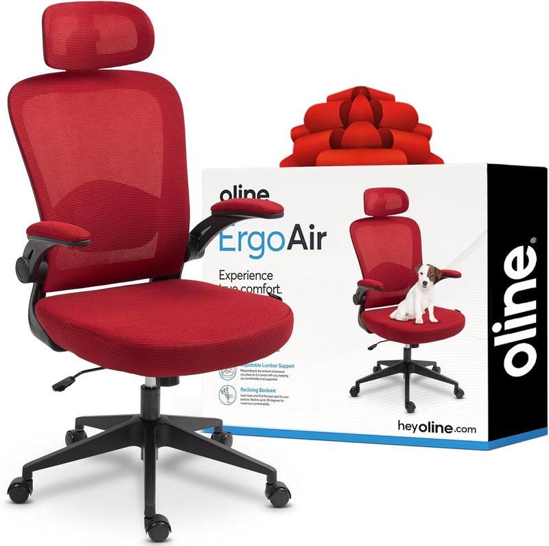 Oline ErgoAir Ergonomic Office Chair – Adjustable Lumbar Support, Flip-Up Armrests, Mesh Computer Desk Chair, Swivel Rolling Executive Gaming Chair for Home & Office (Red) - Image 1